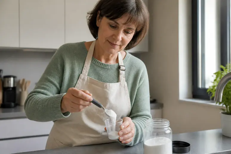 Femme préparant de l'acide citrique pour nettoyer son lave-vaisselle.
