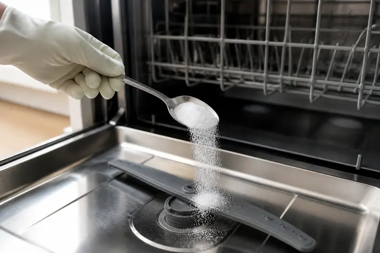 Versement d'acide citrique pour nettoyer un lave-vaisselle.