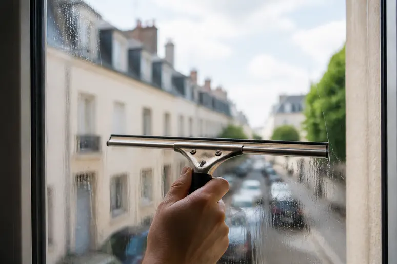 Utilisation d'une raclette pour un nettoyage de vitres sans traces d'alcool ménager.