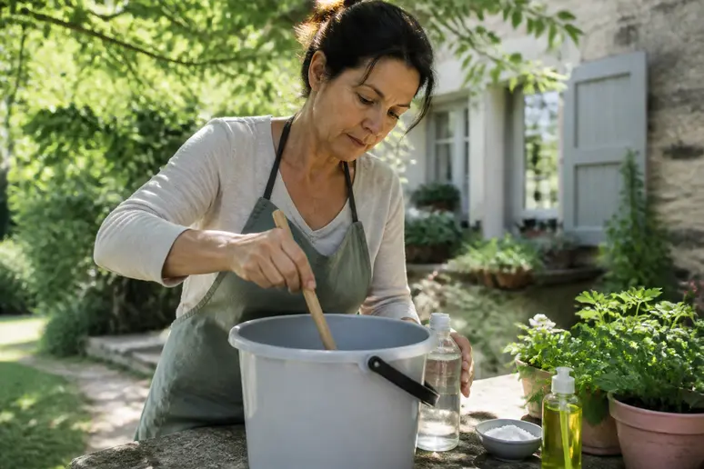 Préparation d'un désherbant vinaigre bicarbonate par une jardinière dans son jardin.