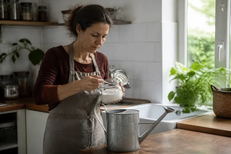Femme préparant un mélange pour désherber avec du bicarbonate de soude et de l'eau.