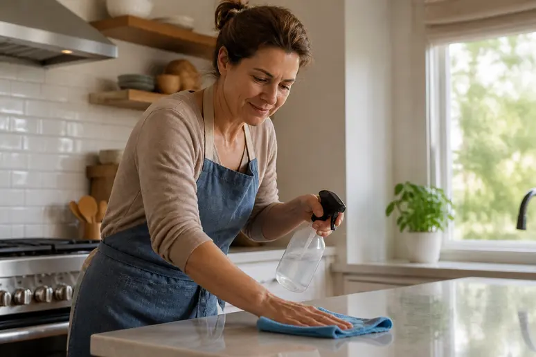Nettoyage d'une cuisine avec des produits naturels, dosage savon noir et bicarbonate de soude.