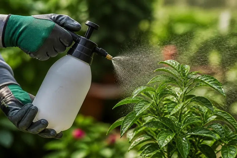 Application d'un traitement naturel pour les plantes, dosage savon noir et bicarbonate de soude.
