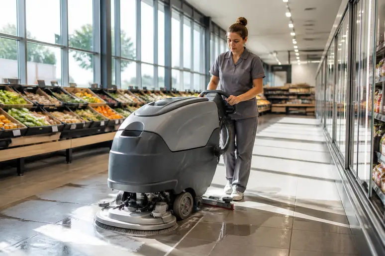 Un lave sol professionnel nettoie un sol carrelé dans un supermarché français avec soin.