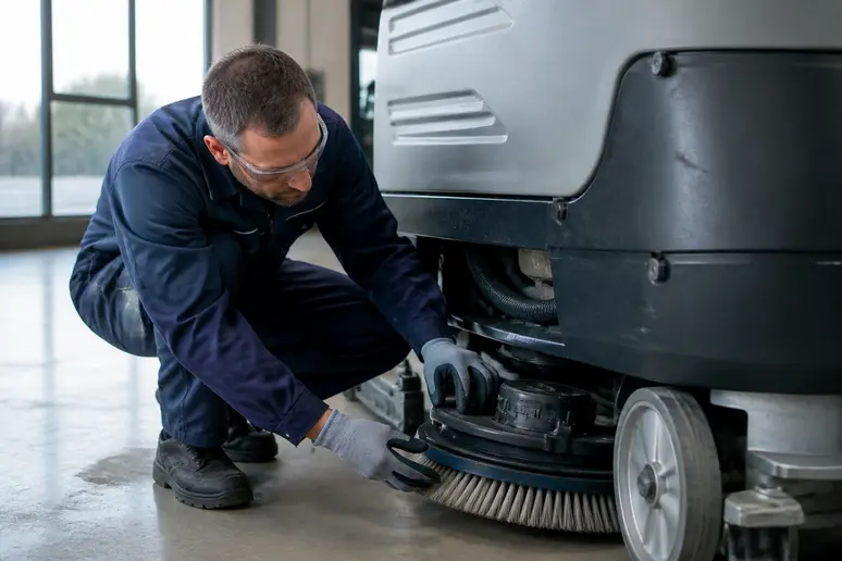 Un technicien inspecte les brosses d'un lave sol professionnel pour garantir sa performance et sa sécurité.