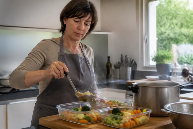 Une femme prépare des légumes cuits pour leur conservation au frigo dans une cuisine lumineuse.