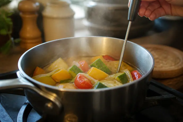 Réchauffage sécurisé de légumes cuits au frigo, atteignant la température idéale pour éliminer les bactéries.