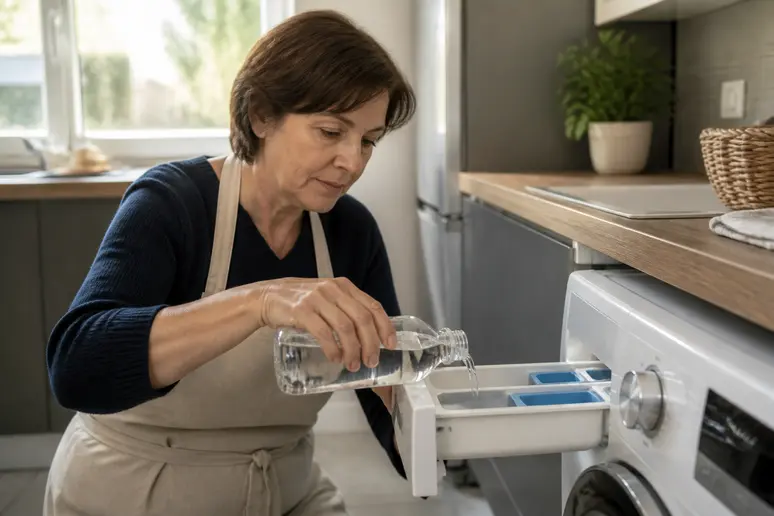 Femme versant du vinaigre blanc dans une machine à laver pour un nettoyage efficace.