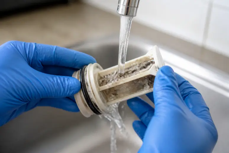 Nettoyage du filtre de vidange d'une machine à laver avec du vinaigre et du bicarbonate.