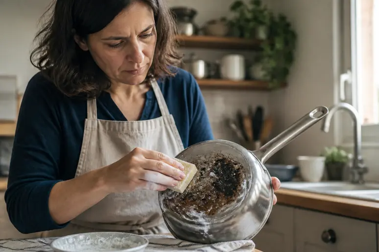 Une femme nettoie une casserole en inox brûlée avec du bicarbonate de soude, astuce pour nettoyer casserole inox.
