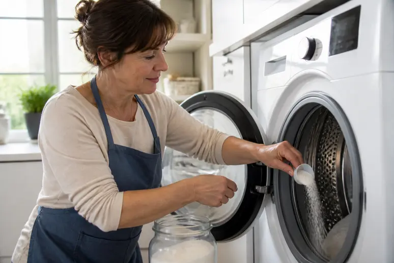 Une femme verse des cristaux de soude dans le tambour pour nettoyer machine à laver.