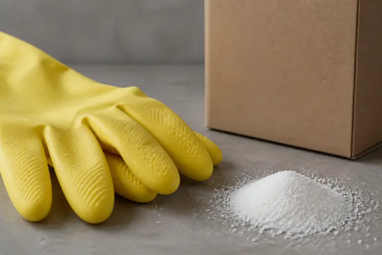 Gants de protection et cristaux de soude, essentiels pour nettoyer machine à laver en toute sécurité.