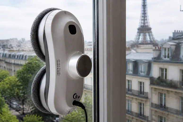 Robot laveur de vitres moderne sur une fenêtre résidentielle, nettoyeur vitre professionnel efficace.