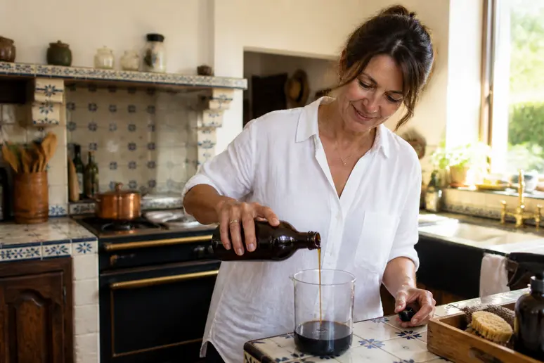 Une femme française prépare un produit sol maison sans rinçage avec du savon noir liquide.