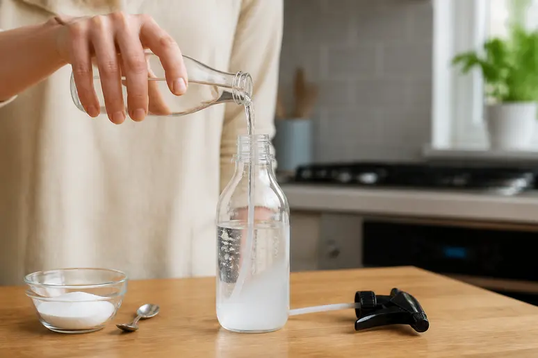 Préparation d'un produit sol maison sans rinçage en mélangeant vinaigre blanc et bicarbonate de soude.