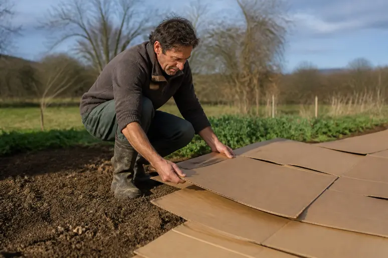 Fabricant plaçant du carton sur des couches de sol permaculture pour créer un potager.
