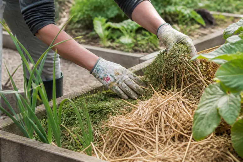 Mains alternant couches de paille et d'herbe pour un sol permaculture en construction.