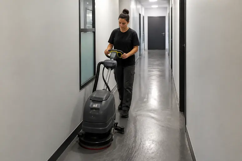 Opérateur manœuvrant une auto laveuse sol à batterie dans un couloir étroit
