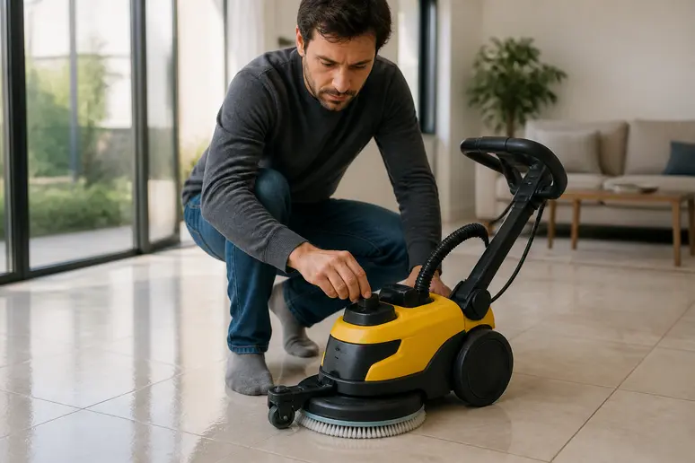 Ajustement du débit d'eau sur une autolaveuse carrelage par un homme dans un salon.
