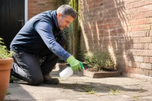 Jardinier appliquant un traitement naturel de bicarbonate de soude désherbage entre les dalles de la cour