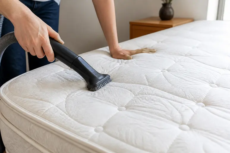 Aspiration du bicarbonate de soude résiduel sur un matelas, y compris les coutures.