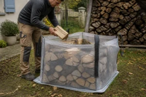 Utilisation d'un big bag pour bois de chauffage ventilé dans un jardin en automne