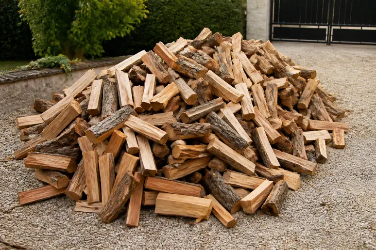 Tas de bûches de bois de chauffage 50 cm en vrac stocké dans une cour extérieure.