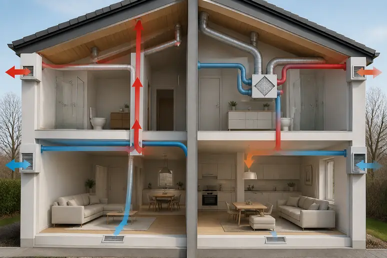 Schéma d'une VMC double flux récupérant la chaleur de l'air sortant pour réchauffer l'air entrant, optimisant le chauffage.