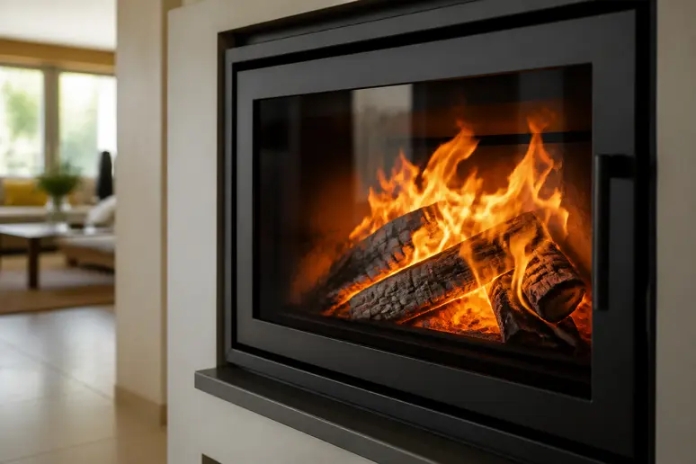 Foyer fermé vitré installé dans une cheminée pour optimiser le chauffage au bois