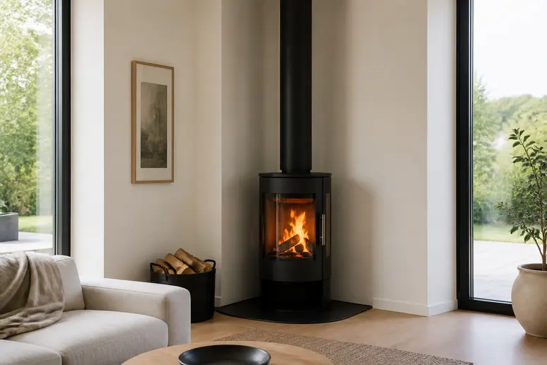 Poêle à bois moderne installé dans le salon comme chauffage principal