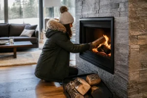 Utilisation d'un chauffage par cheminée dans un salon moderne et chaleureux