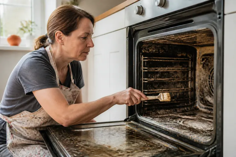 Femme préparant une pâte pour nettoyer un four très encrassé naturellement.