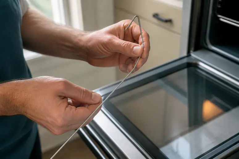 Mains façonnant un cintre en métal pour un nettoyage précis entre les vitres, une technique clé pour comment nettoyer un four très encrassé.