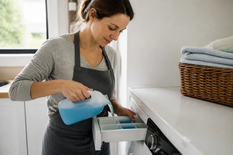 Femme versant de la lessive liquide dans le compartiment adéquat, une étape clé de comment utiliser une machine à laver.