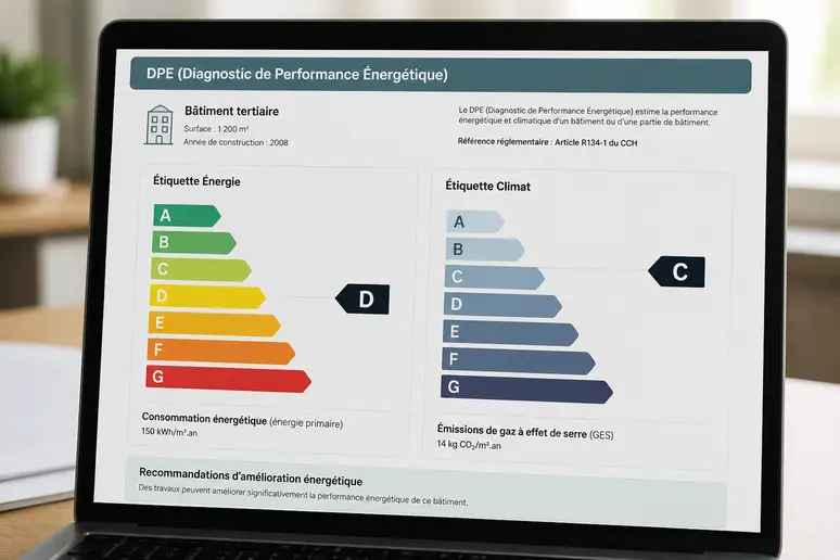 Visualisation de l'étiquette énergie et climat d'un dpe local commercial.