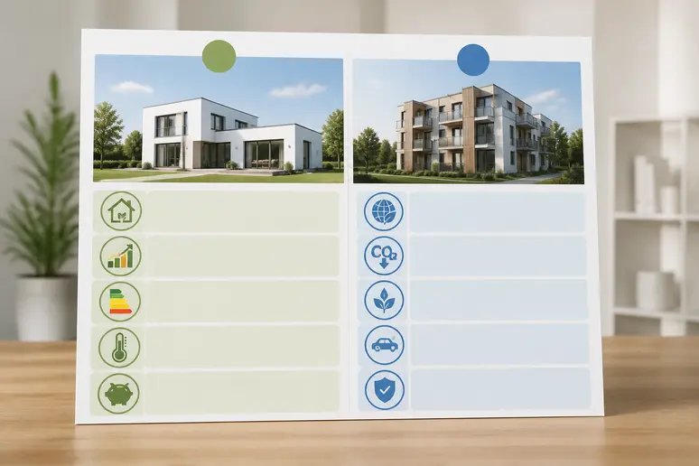 Infographie comparative des réglementations pour le dpe logement neuf : RT 2012 et RE 2020.