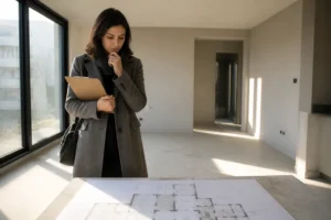 Un journaliste évalue le plan d'un dpe logement neuf dans un appartement en construction.