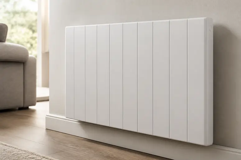 Radiateur électrique mural moderne dans une pièce à vivre lumineuse