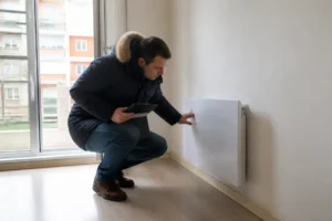 Un technicien inspecte un radiateur électrique lors d'un dpe logement social assouplissement dans un appartement.
