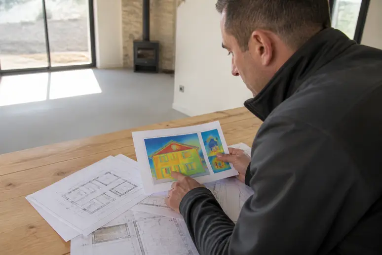 Diagnostiqueur analysant l'étude thermique et les plans pour établir le dpe maison neuve