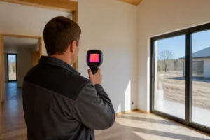Un technicien réalise un dpe maison neuve avec une caméra thermique avant la remise des clés.