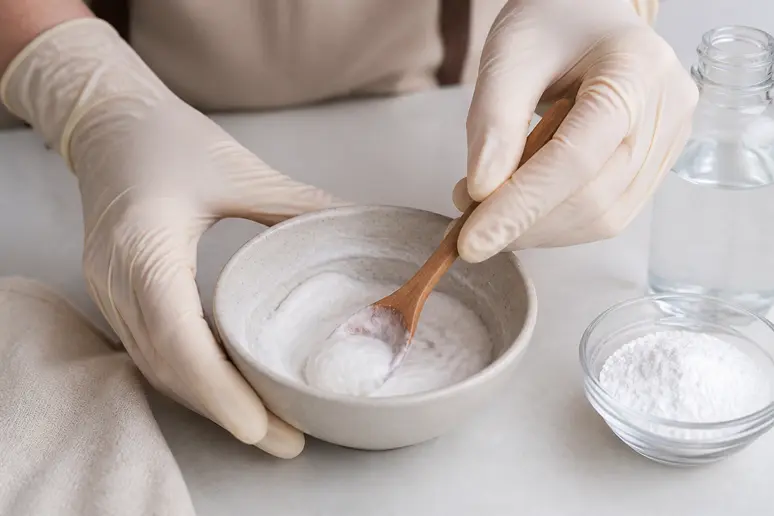 Préparation d'une pâte nettoyante avec eau oxygénée joint carrelage et bicarbonate de soude.