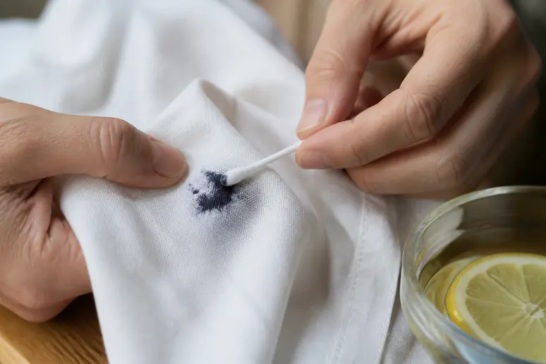 Tamponnement localisé d'une tache de stylo bille frais sur chemise blanche