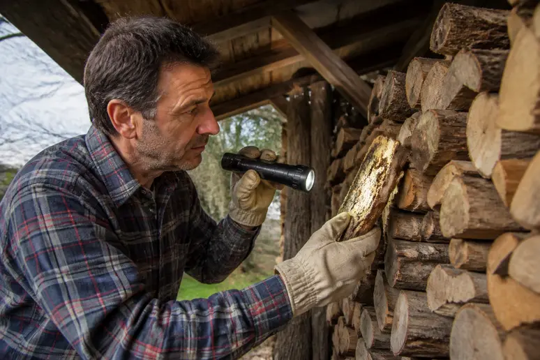 Homme français inspectant des bûches pour détecter tout signe d'insecte bois de chauffage.
