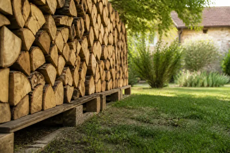 Stockage de bois de chauffage sur palettes pour prévenir l'apparition d'insecte bois de chauffage.