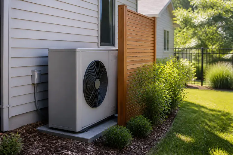 Écran anti-bruit installé à côté d'une pompe à chaleur extérieure pour dévier les nuisances sonores.