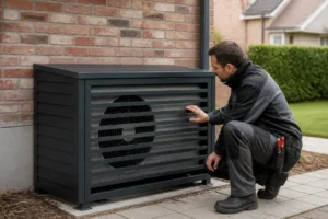technicien inspectant un caisson d'isolation phonique pompe à chaleur extérieure dans un jardin