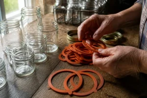 Mains préparant le matériel de stérilisation avec un joint de bocaux adapté sur une table de cuisine en bois
