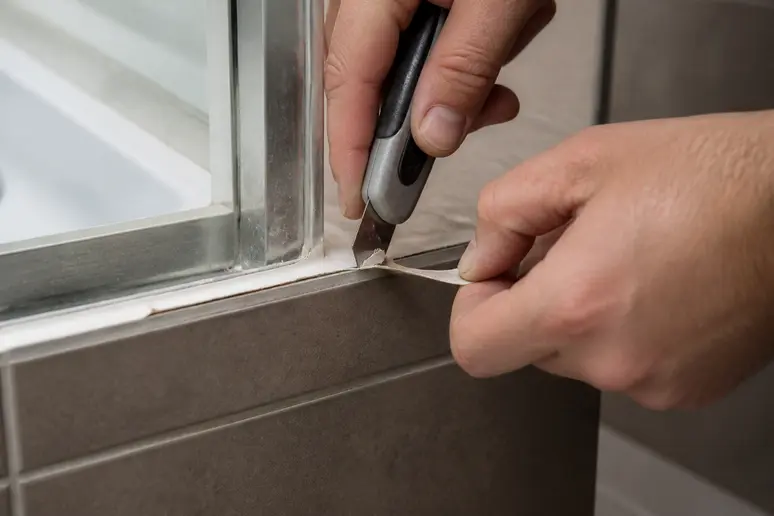 Retrait au cutter d'un vieux joint de douche en silicone abîmé et fissuré