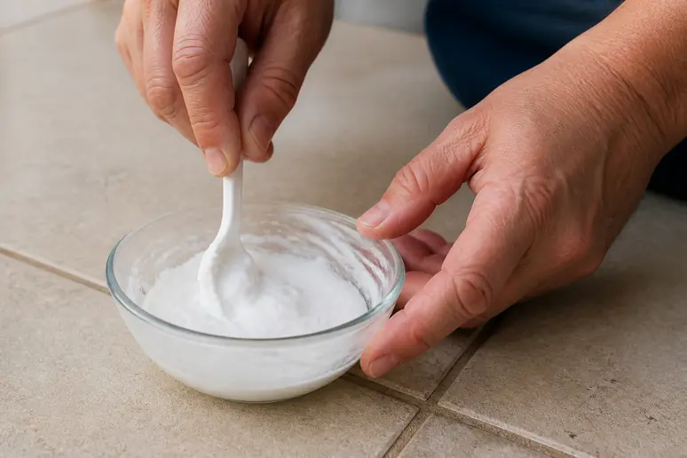 Mains préparant une pâte de bicarbonate de soude pour nettoyer un joint noir de salle de bain.